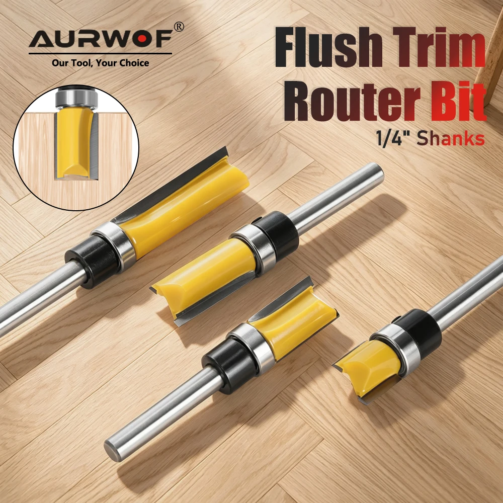 AURWOF 1/4" & 6mm Shank Flush Trim Router Bit With Bearing,12.7mm Ball Bearing Guided Straight Cutter Set,TCT Wood Routing Tool