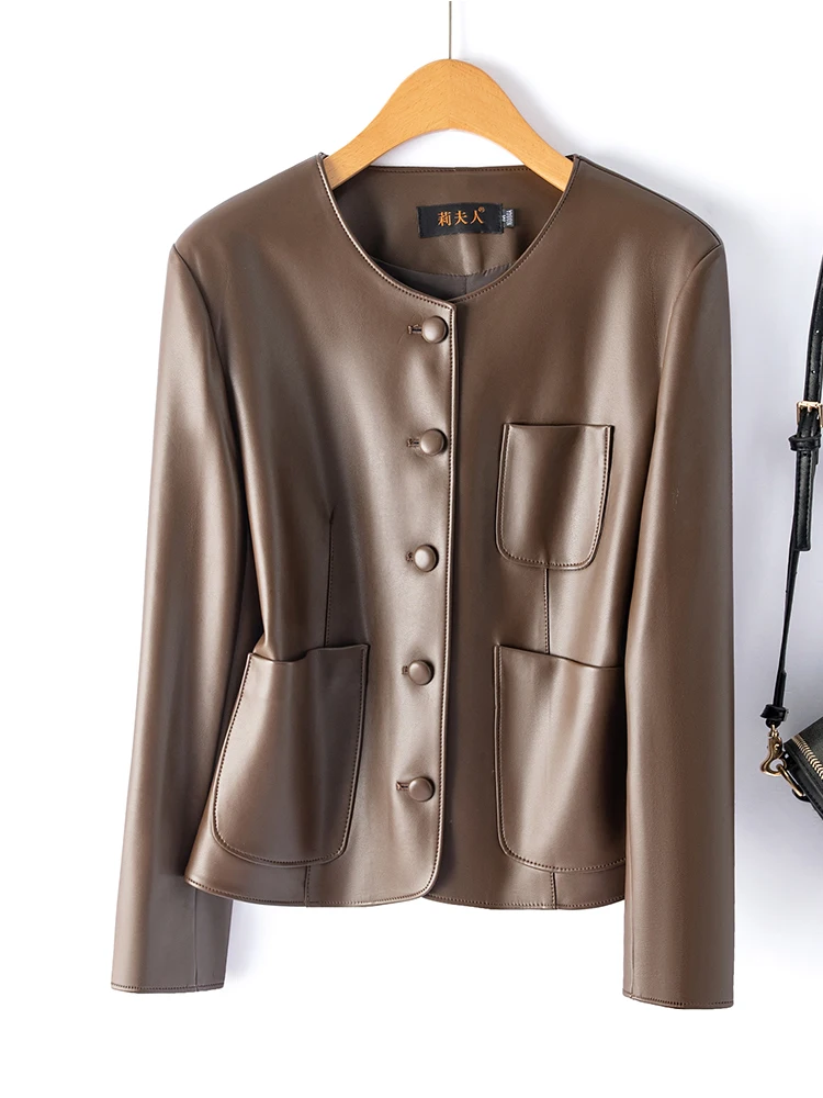 Jaqueta Fena Curta de Couro Genuíno da Moda, Gola Redonda, Botão Único, Jaqueta de Couro de Carneiro Estilo Motocicta,...