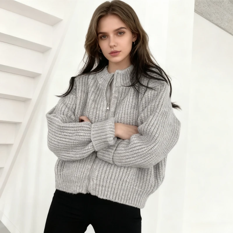 

Шикарный простой повседневный однотонный женский вязаный кардиган на молнии с длинными рукавами, осенне-зимний новый корейский ретро-свитер, пальто 18