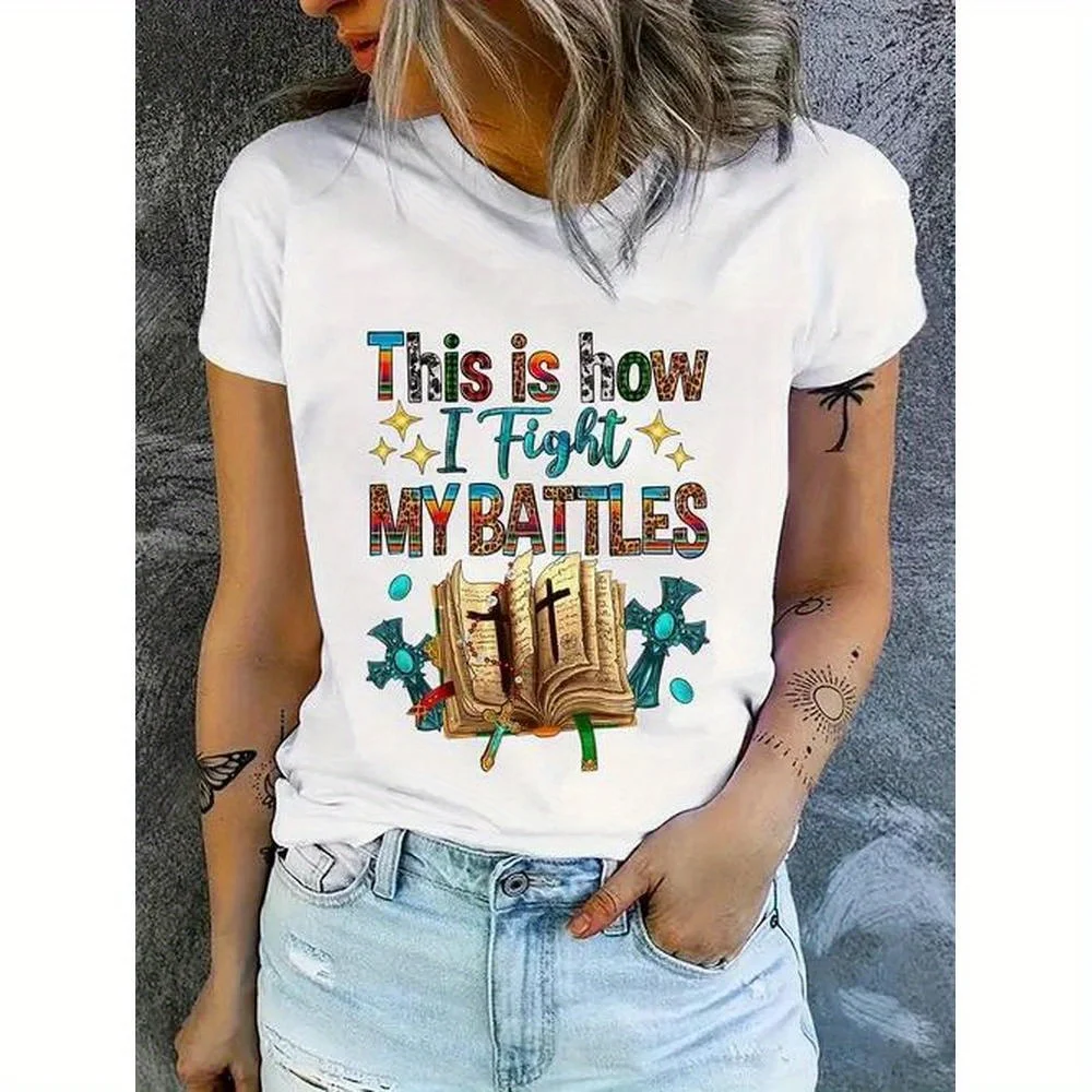 

[Trebalena Graphic Tee]Comfortable Women's Oversized Print T-shirt This Is How I Fight My Battles Bible Quote T-Shirt for Women