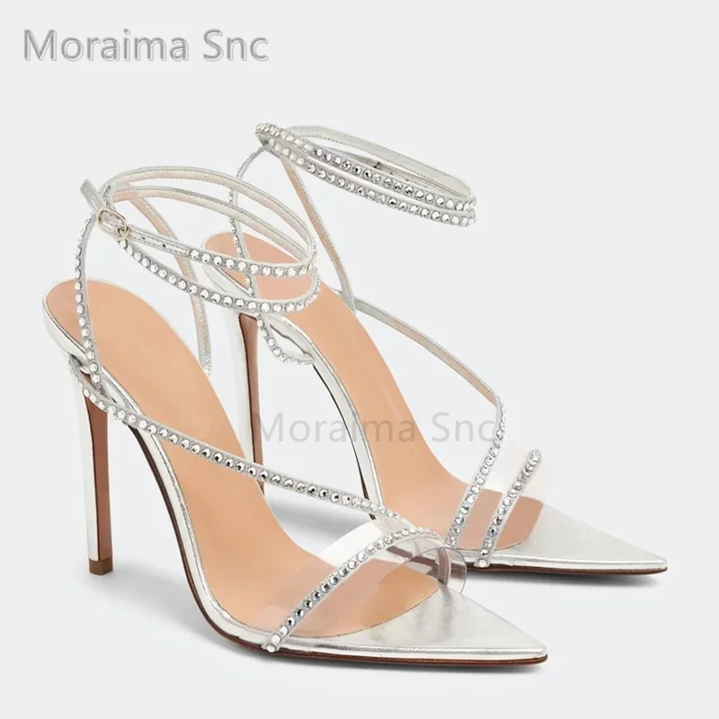 Crystal Strap Stiletto Sandals Women Pointed Toe Pink Silver Leather Pvc Patchwork High Heels Elegant Dress Banquet Shoes Summer