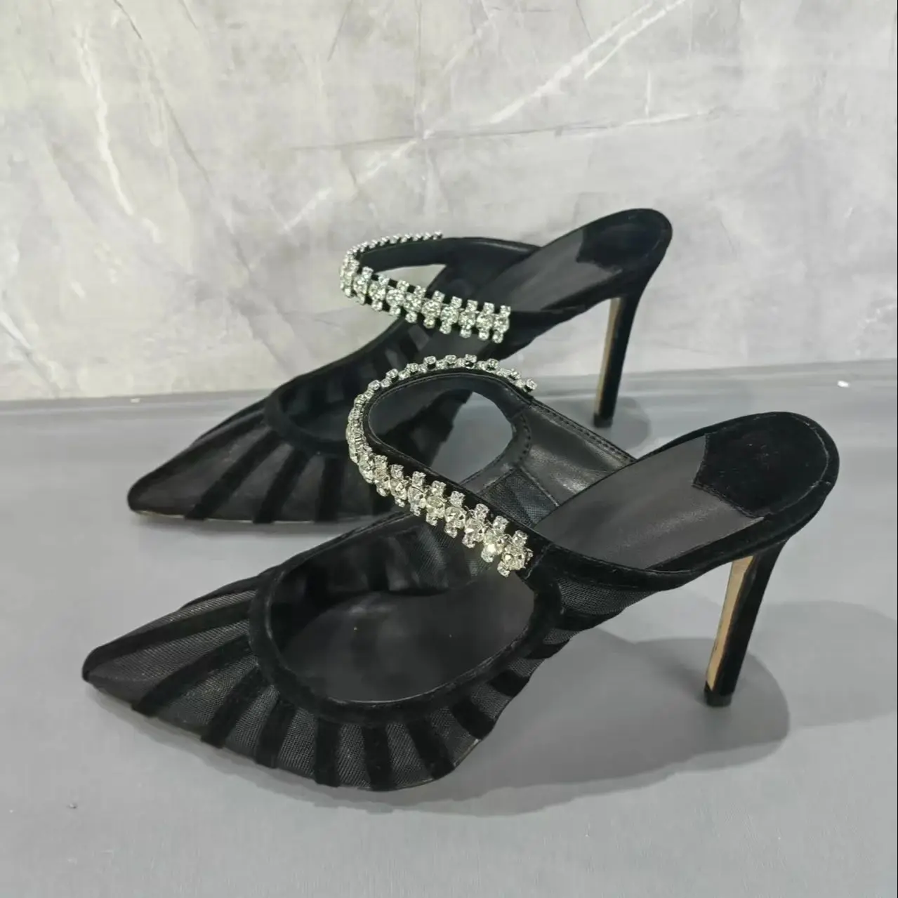 Givencci Black Mesh Sandales à Talons Rhinestones Strap Sandals Women Pointed Toe Shoes Female Stiletto High Heels Mature Lady