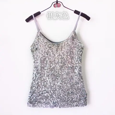 2025 New Women Sequined Spaghetti Camisole Tank Tops Summer Clubwear Tops Sexy Round Neck Sequin camisole Strap Vest Tops Silver
