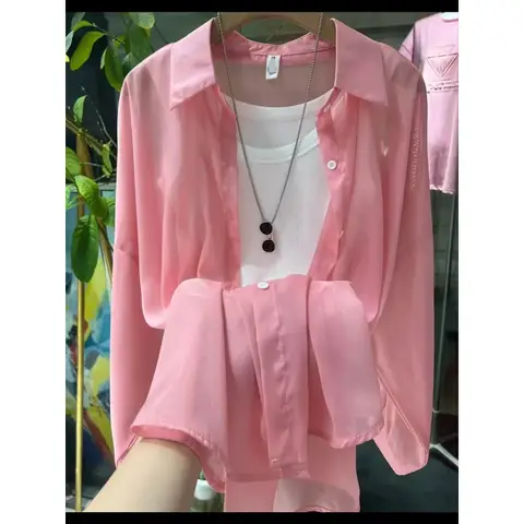 1pcs 여성 사계절 셔츠 레이디 얇은 선 스크린 셔츠 여성 캐주얼 긴 소매 턴 다운 칼라 느슨한 중간 길이 스타일상의