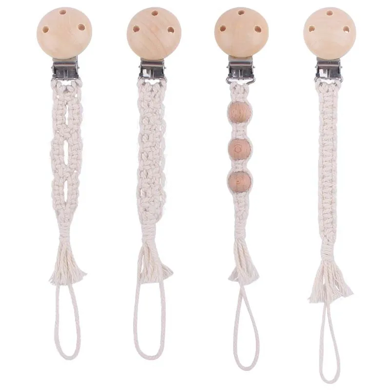 ABCPICK Baby Dummy Chain Pacifier Clip Crochet Cotton Soother Holder Infant Toddler Wooden Beads Teething Toy