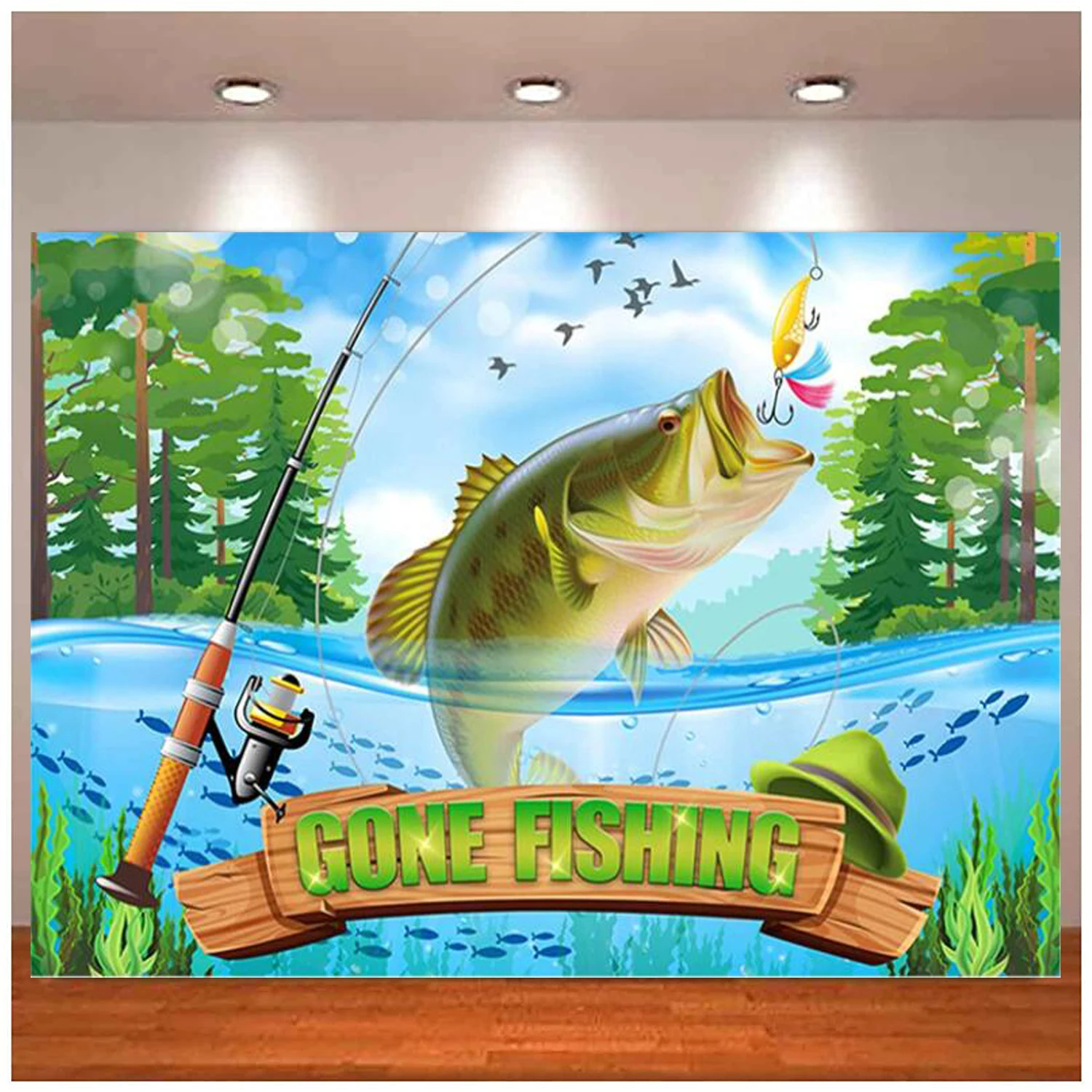 Gone Fishing Background Happy Birthday Retirement Fisherman Kids Baby Shower Party Supplies Lake Backdrop Cake Table Decor