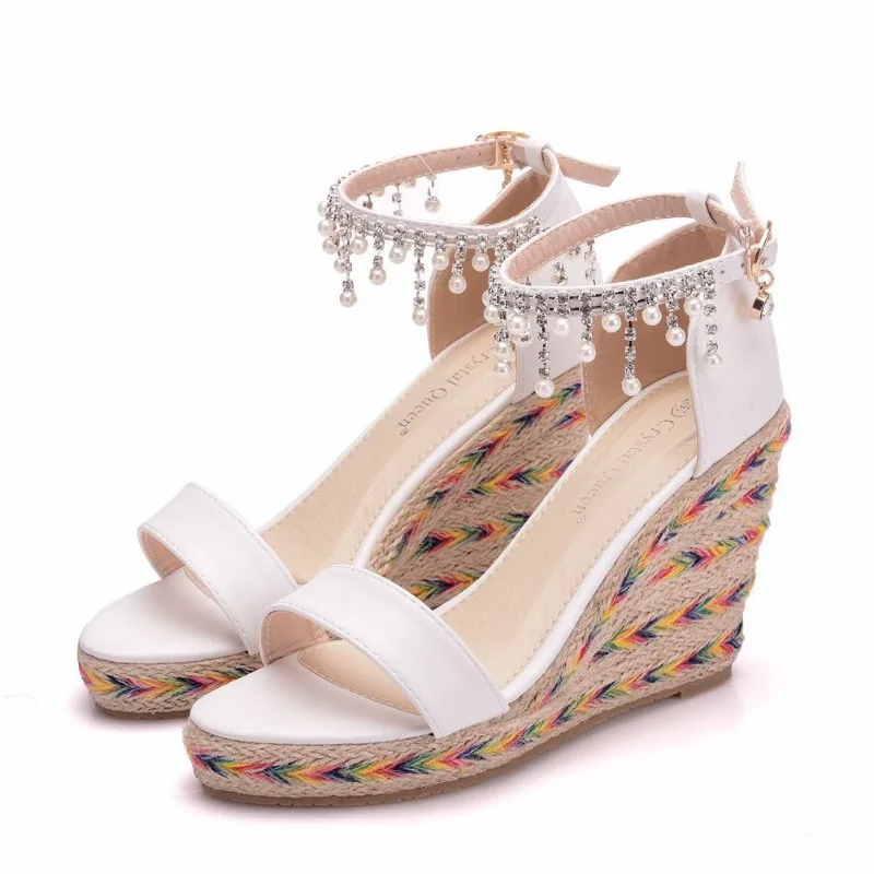 Sandálias femininas de salto médio, cordão com corda redonda, fivela, cunhas de PU, salto alto, strass branco, sapatos de dança de festa, 9cm