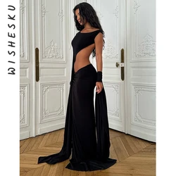 Sexy Hollow Out Backless Mesh Maxi Dress Women Solid Black High Slit Party Vestido 2024 Spring Fall Fairy Grunge Clothes