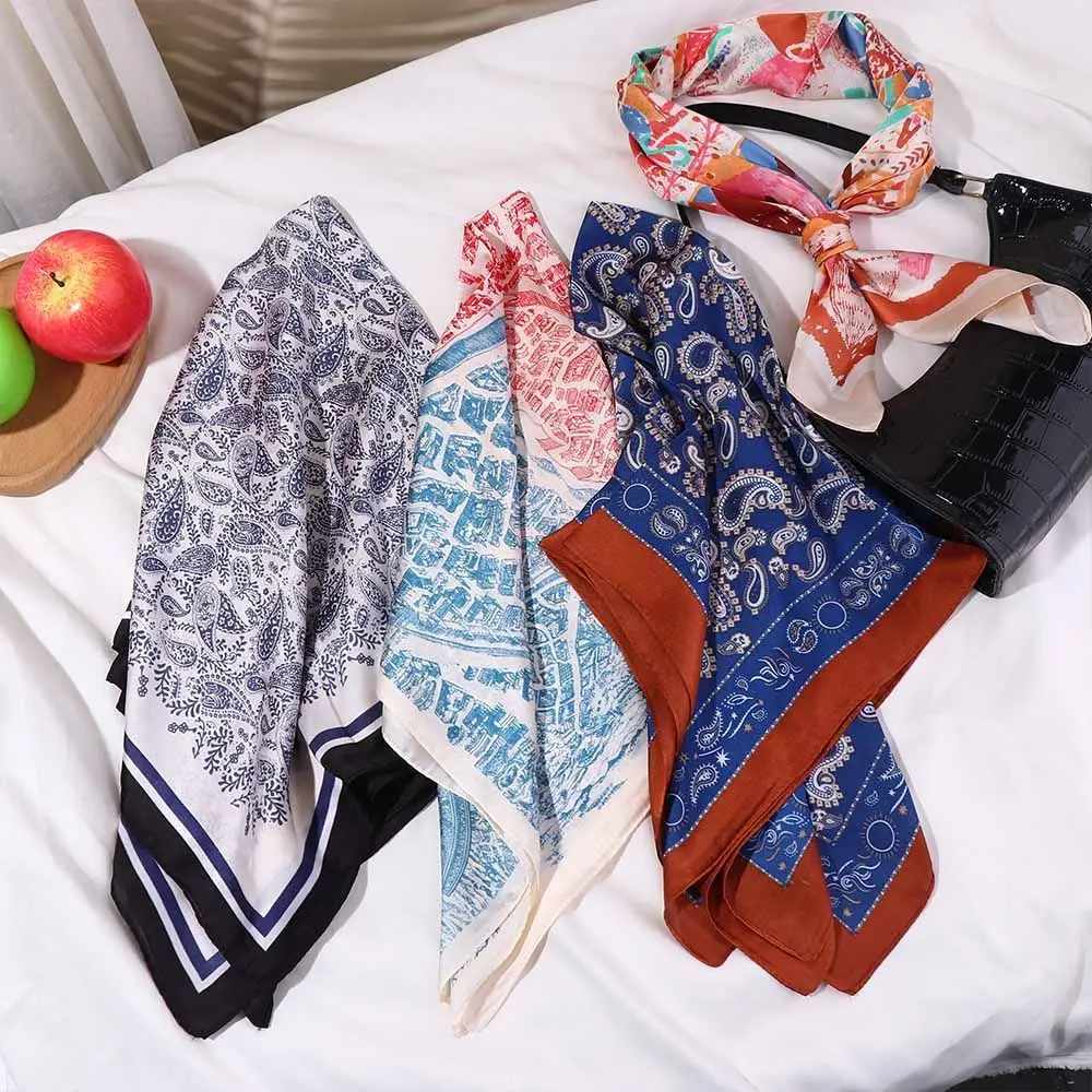 Beach Sunscreen Shawl Flower Wave Point Female Print Square Scarf Hair Tie Band Women Silk Scarf Head Scarf