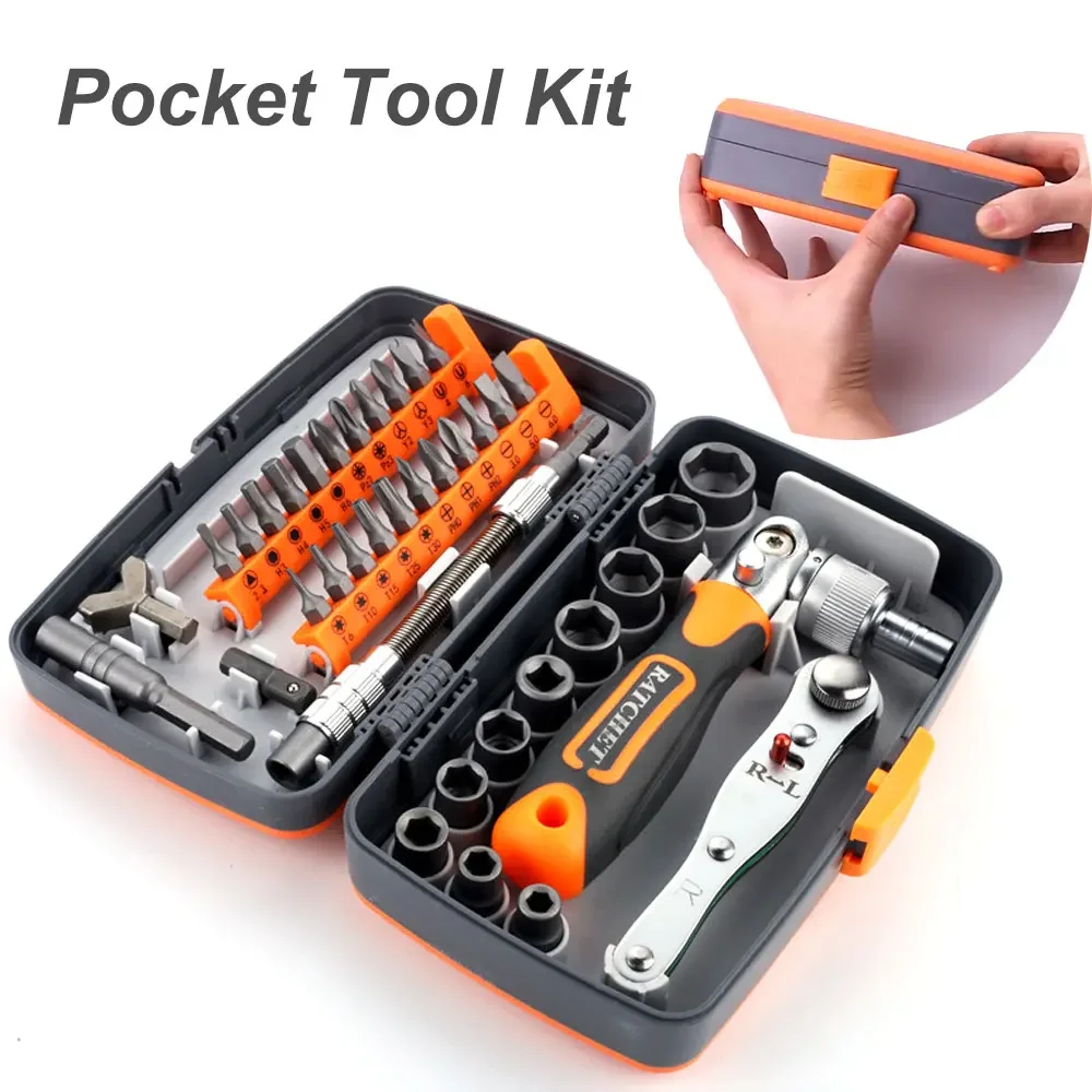 Pocket Tool Kit Ratchet Wrench Screwdriver Set Swivel Bit Head Flexible Shaft Sockets Bits Compact Storage Case for Home Auto