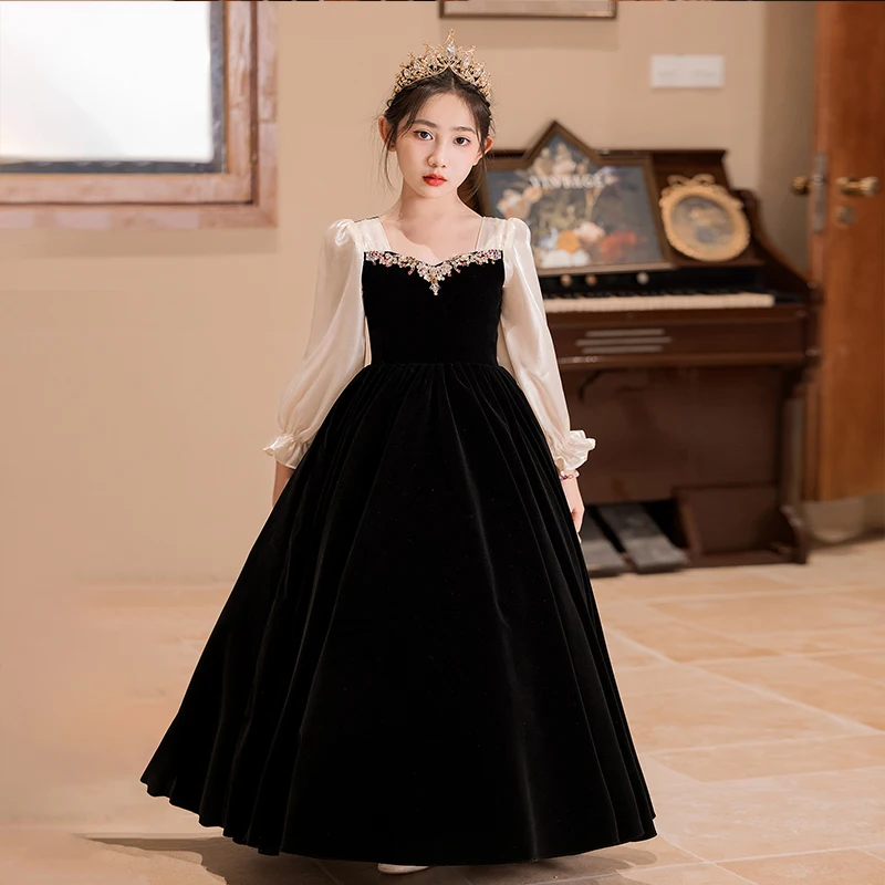 

Girls dress black velvet long sleeve floor length birthday party dress handmade beads