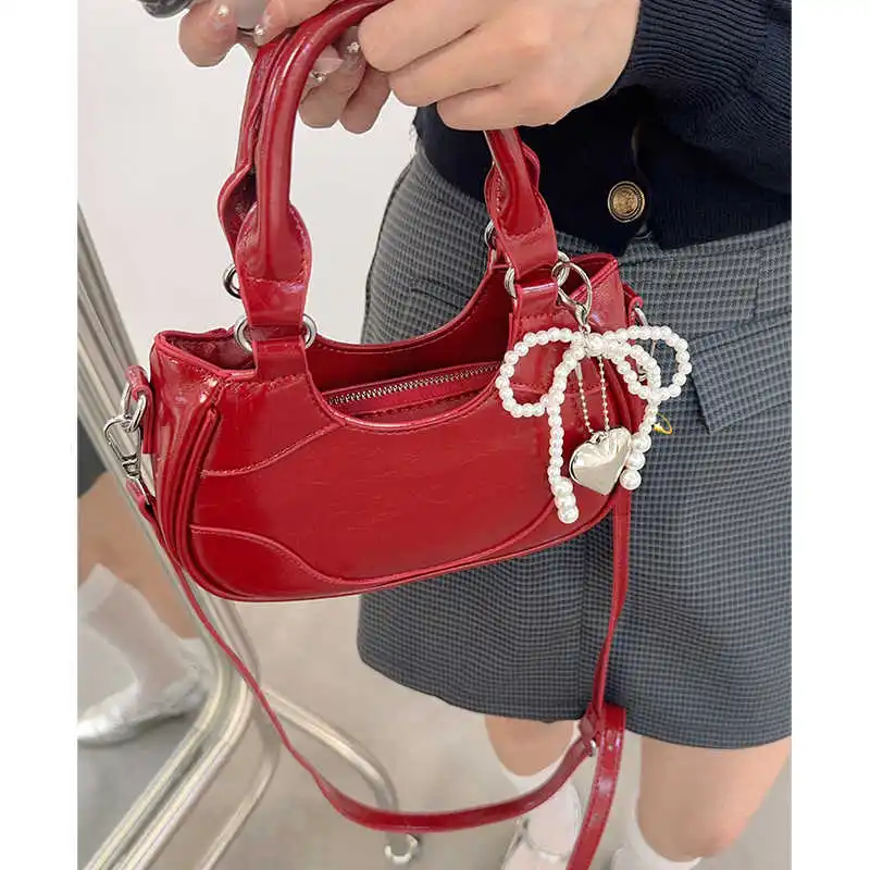 

Women Wine Red Shoulder Bag Fashion Zipper Splicing Handbags Korean Retro Casual PU Girl's Glossy Cross Body Bags