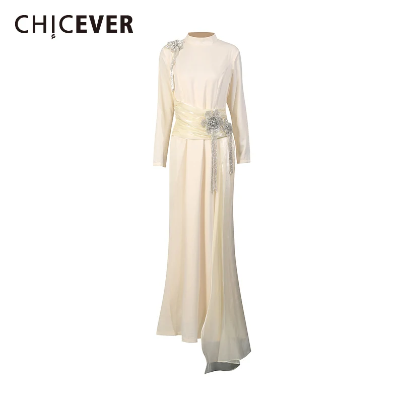 

CHICEVER Solid Spliced Diamonds Chic Dress Female O Neck Long Sleeve Slimming Gentle Intellectual Women's Dresses Fashion New