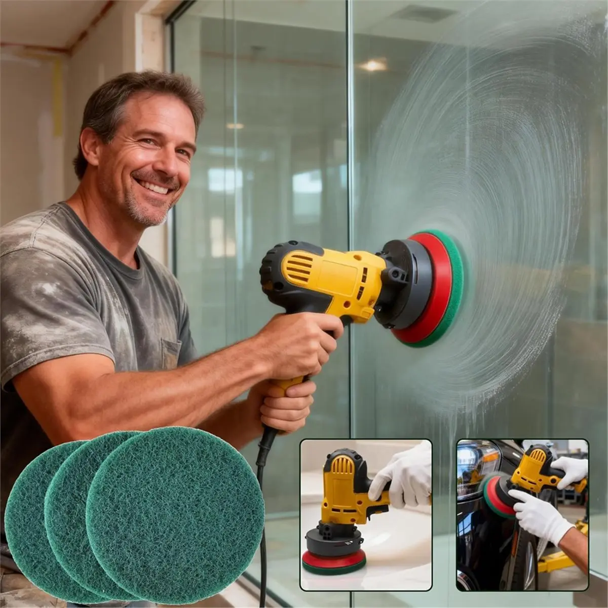 10 Pack 6 Inch Multipurpose Green Scrubber Scouring Pads for Automotive and Furniture Polishing