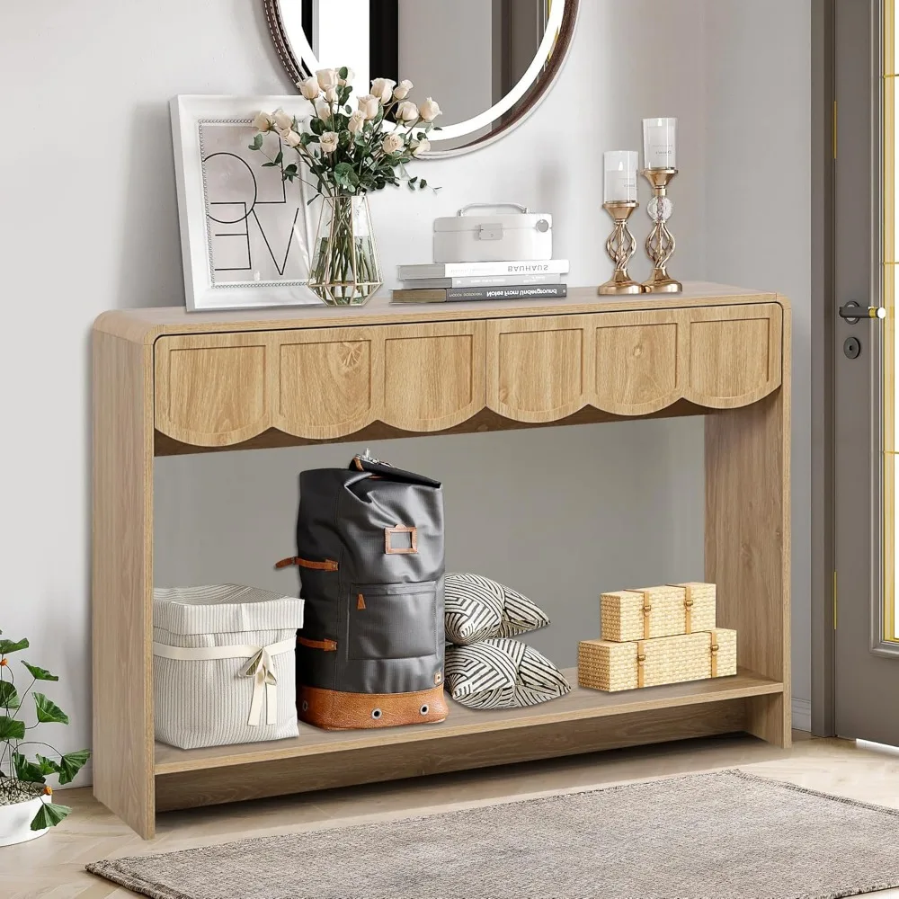 طاولة كونسول مقاس 43 بوصة على طراز منتصف القرن مع أدراج وأرفف مفتوحة للمدخل الضيق ولمسات المدخل