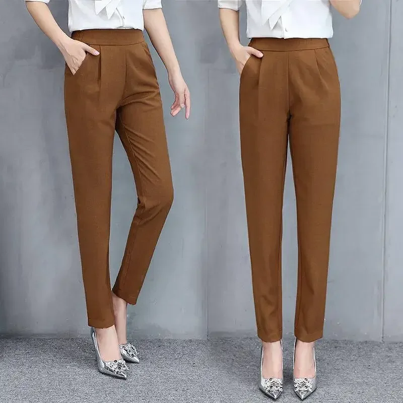 Pantalones de cintura alta para mujer, pantalones sueltos elásticos finos, traje informal, Pantalones rectos, ropa de oficina para mujer, primavera y verano