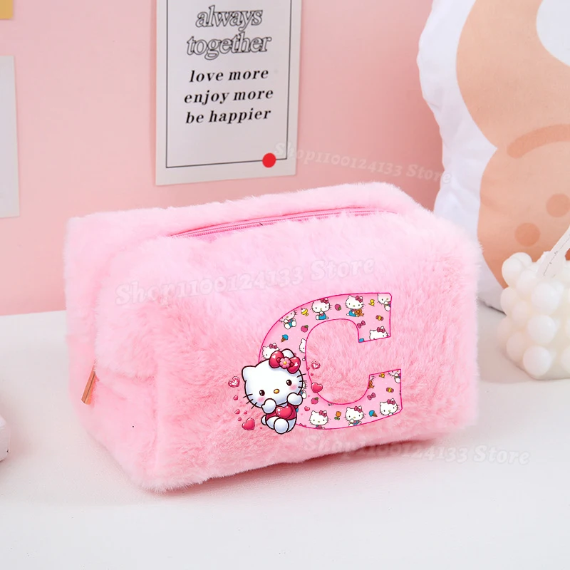 Lindo Hello Kitty chica bolsa de maquillaje rosa Plushd Sanrio Anime letras A-Z estampado mujer Kawaii bolsa suave niños moneda en estuche de cosméticos nuevo