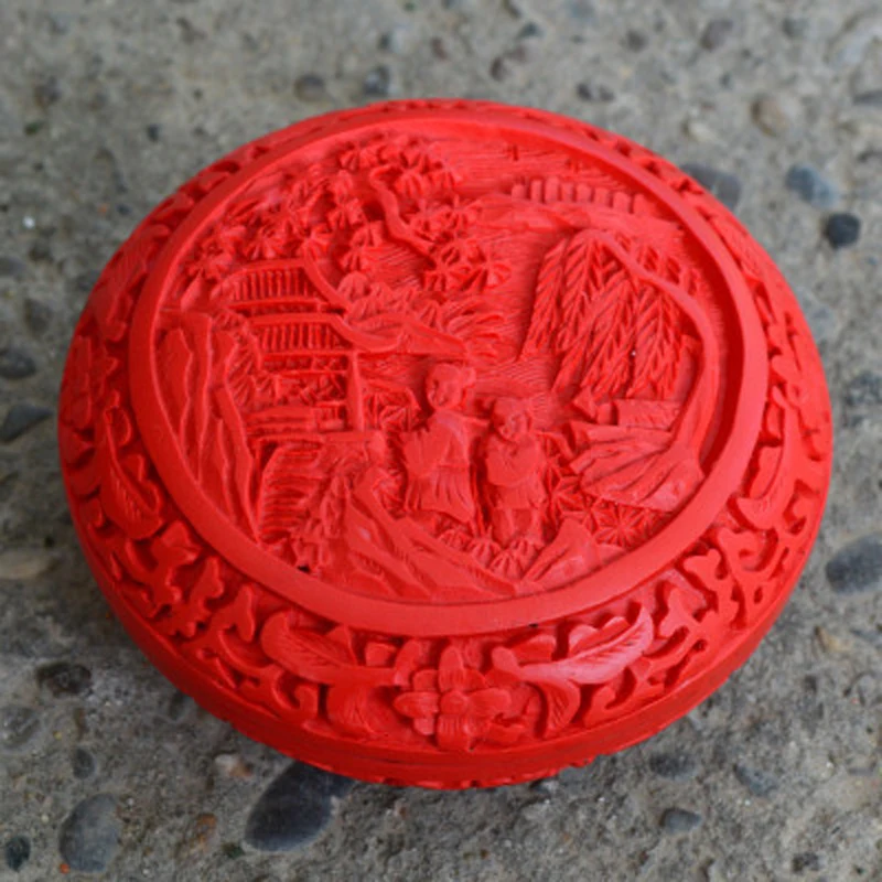 Exquisite Chinese Traditional Technology Red Lacquer Children and Landscape Auspicious Jewelry Box