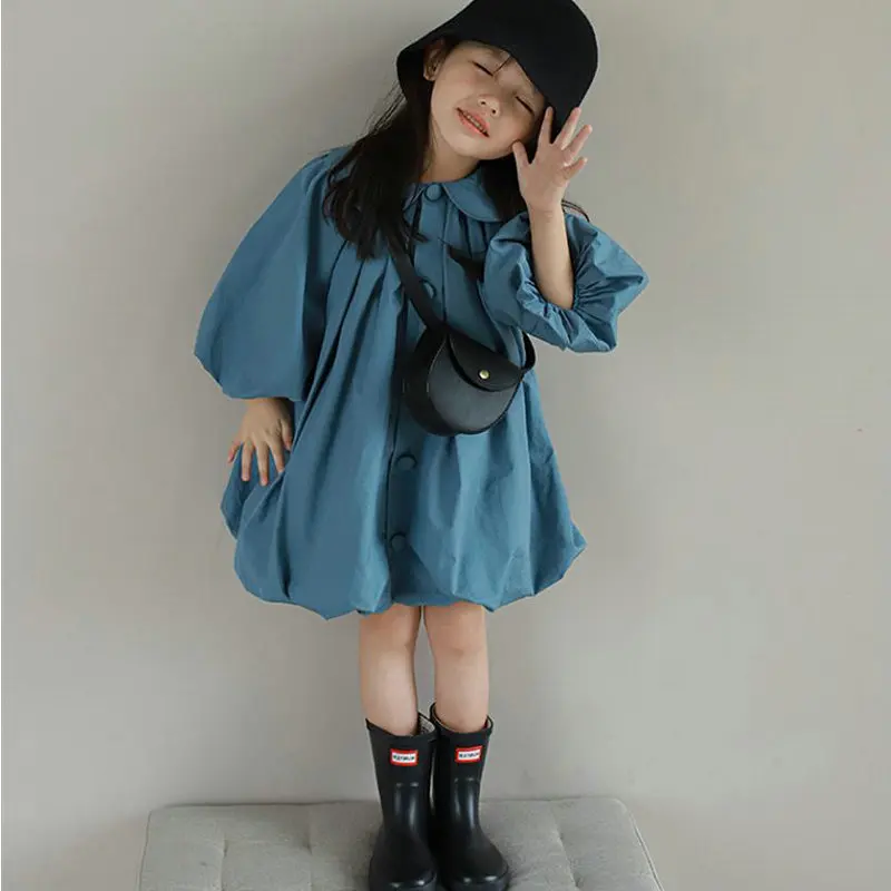 Dress A-line Above Knee Length Full Sleeve Single Breasted Solid Clean Simple New Fashion Casual Comfortable Autumn Children