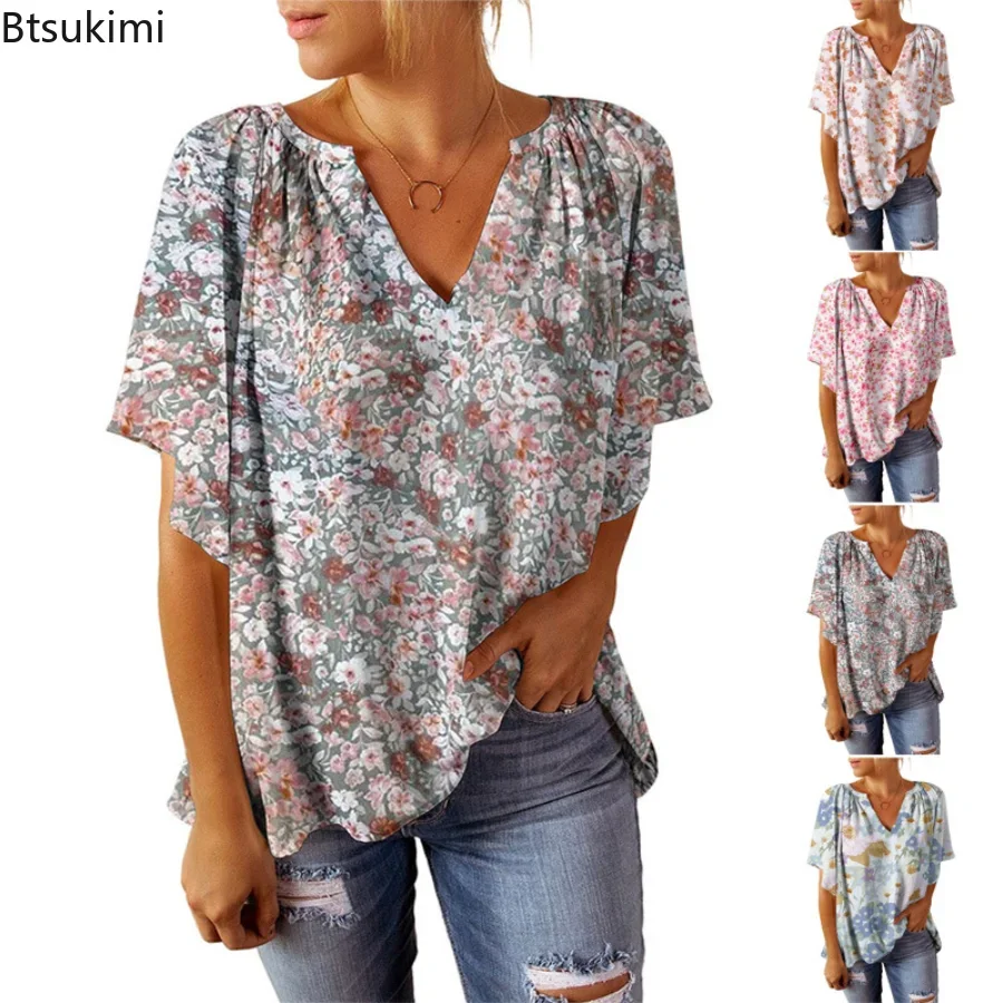

2024 Women's Summer T-Shirts Floral Print Flare Short Sleeve Tops V-Neck Loose Streetwear Ladies Blouse Oversized T Shirt Tops