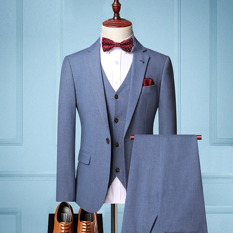 New Men's Slim Fit Solid Color Three Piece Suit for Physical Stores, Men's British Single Button Casual Suit Set