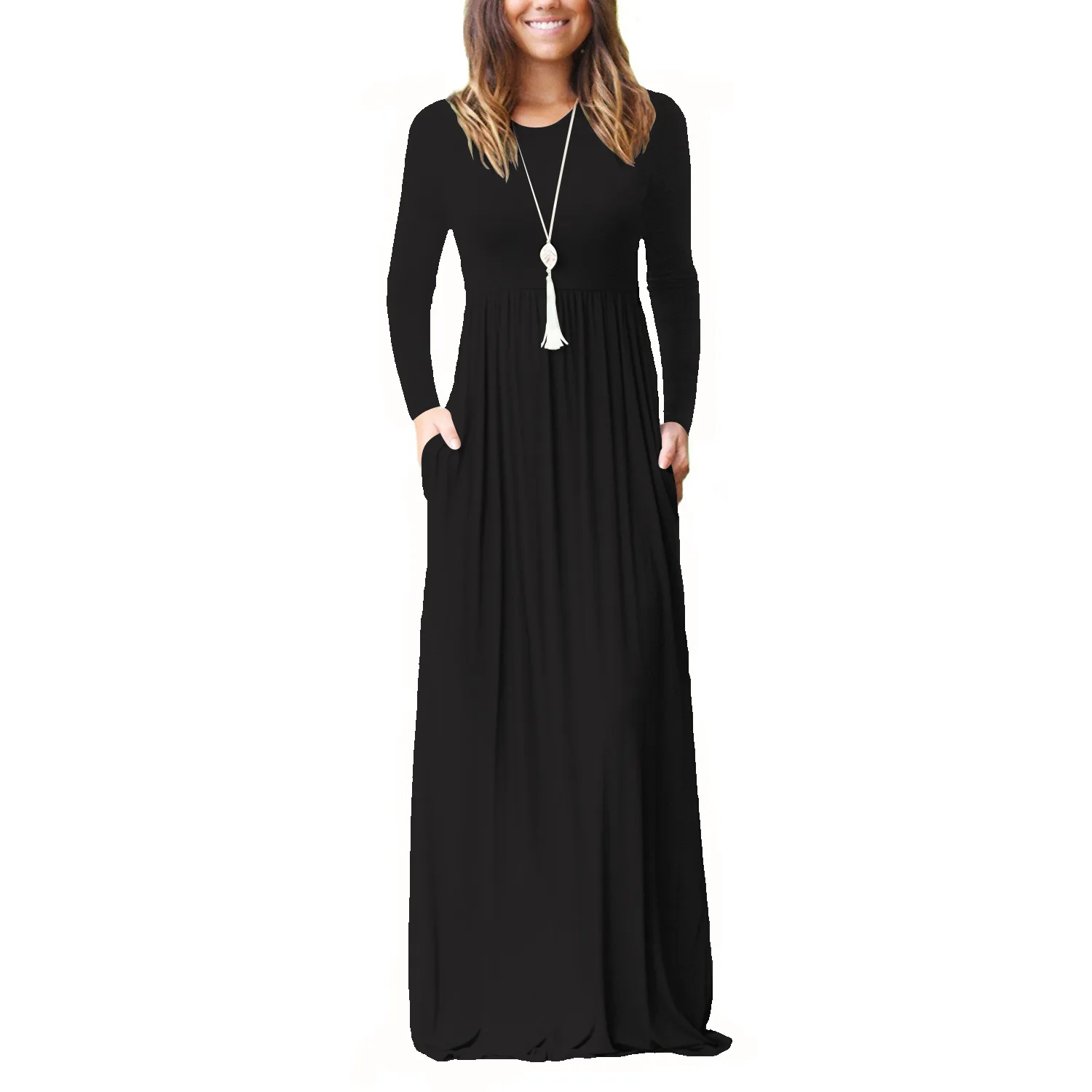 Women Long Sleeve Maxi Long Dress Autumn Spring Female Tunic Pocket Maxi Party Vestidos KTJCK-7131