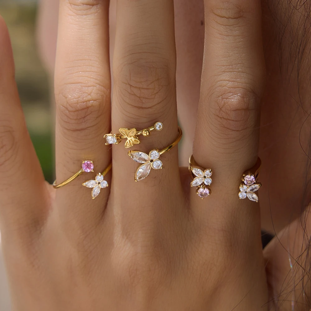 

Gold Color Stainless Steel Open Ring for Women Pink Crystal Zircon Butterfly Flower Adjustable Ring Wedding Party Jewelry Gift