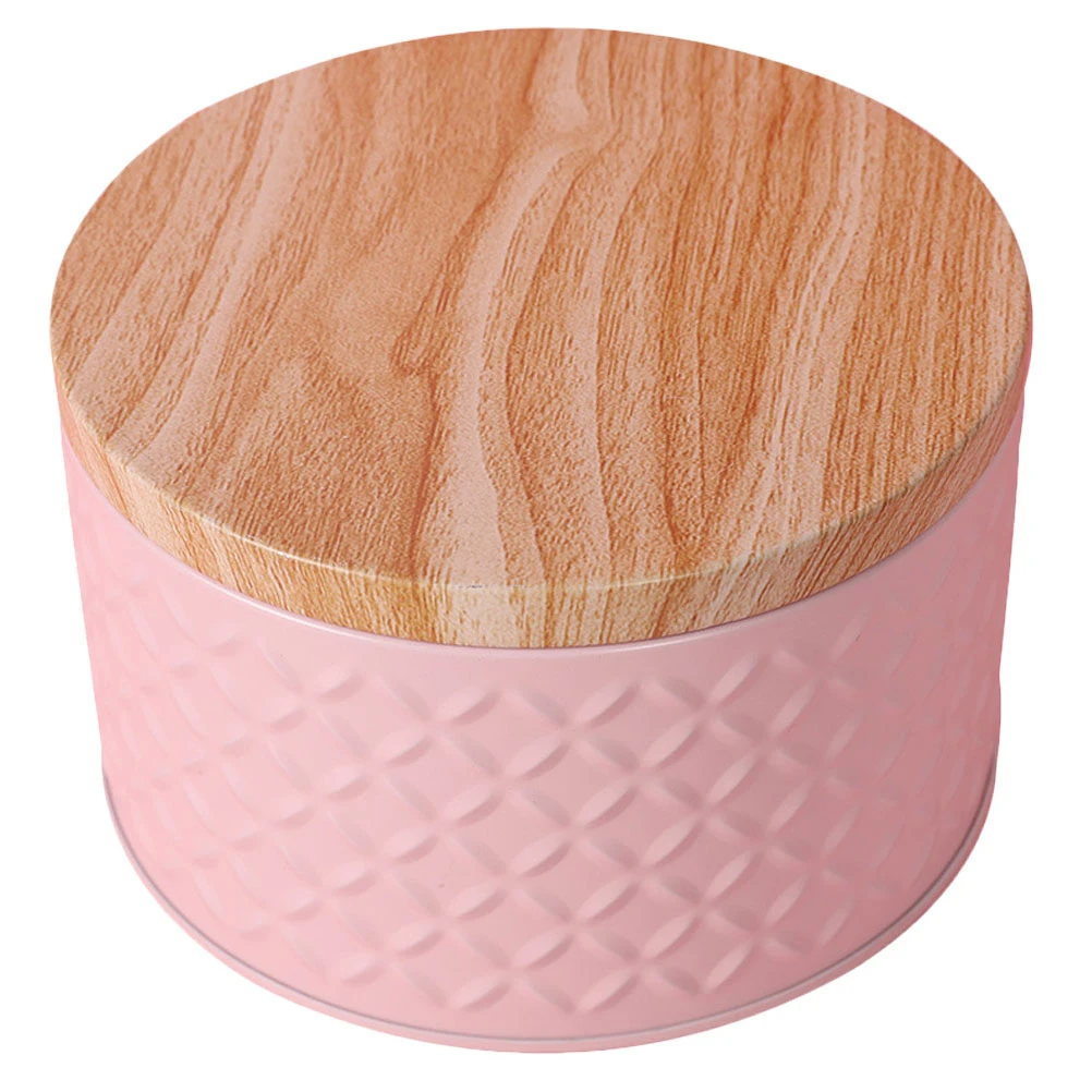 

Iron Pink Round Snacks Storage Box Thickened with Wood Grain Lid Large Candy Cookie Dessert Container Gift Box for Home