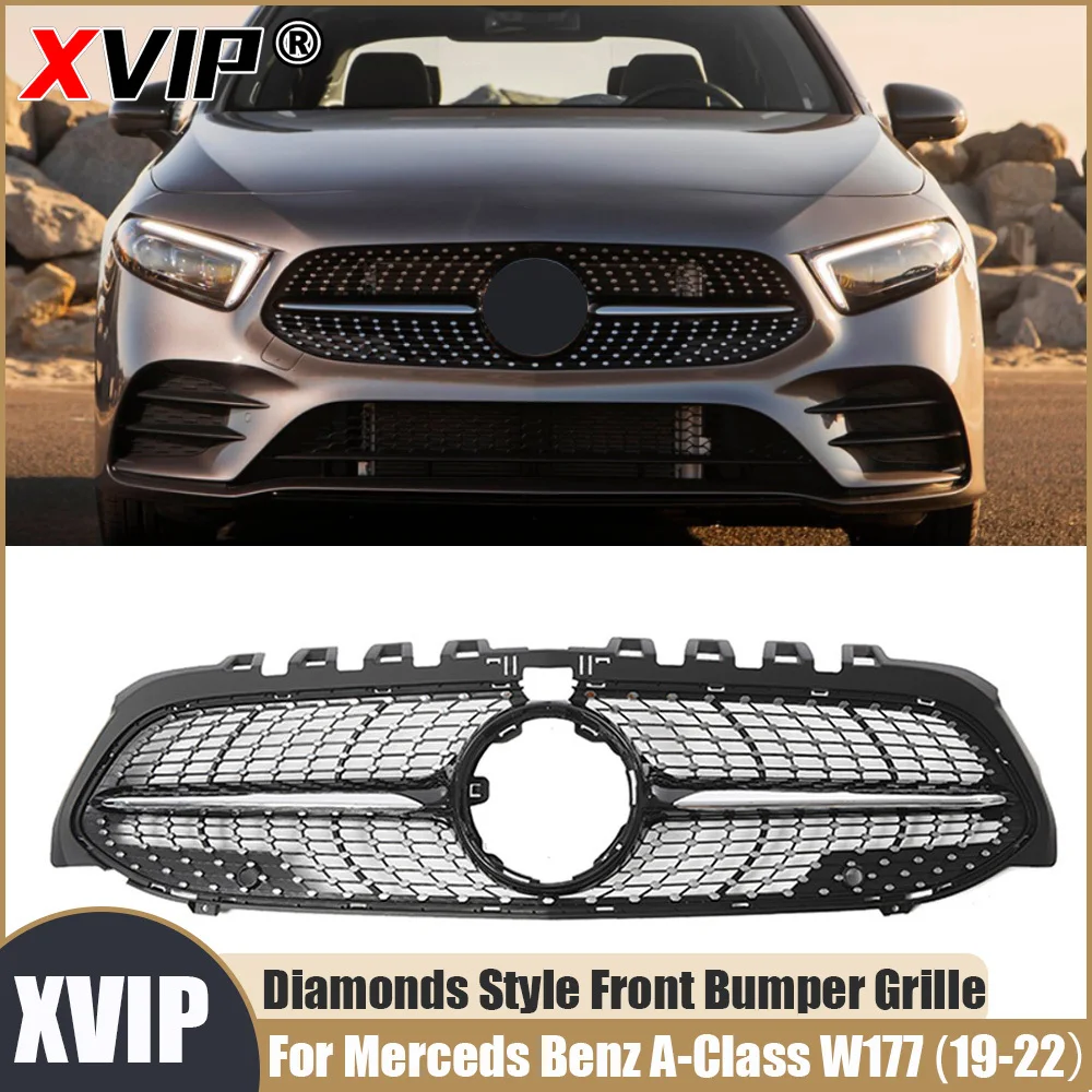 

Хромированная передняя верхняя решетка в стиле XVIP Diamonds с отверстием для камеры 360 для Mercedes Benz A-Class W177 2019-2022 A200 A220 A250 A35AMG