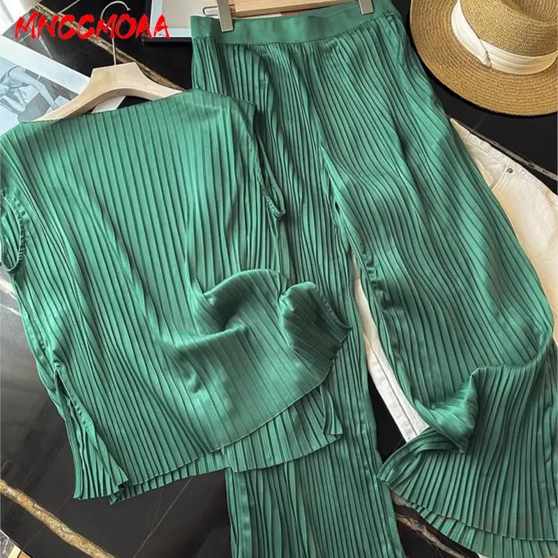 MNCCMOAA-Sleeveless Tank Tops and Elastic High Waist Pants Sets for Women Loose Wide Leg Pants Solid Color Summer Fashion 2024