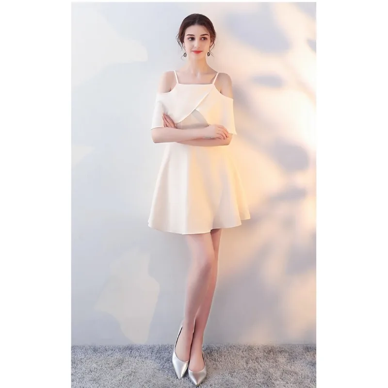Champagne simples cetim vestidos de casamento da dama de honra feminino fora do ombro vestido de festa curto moda feminina mini vestido de baile de noite
