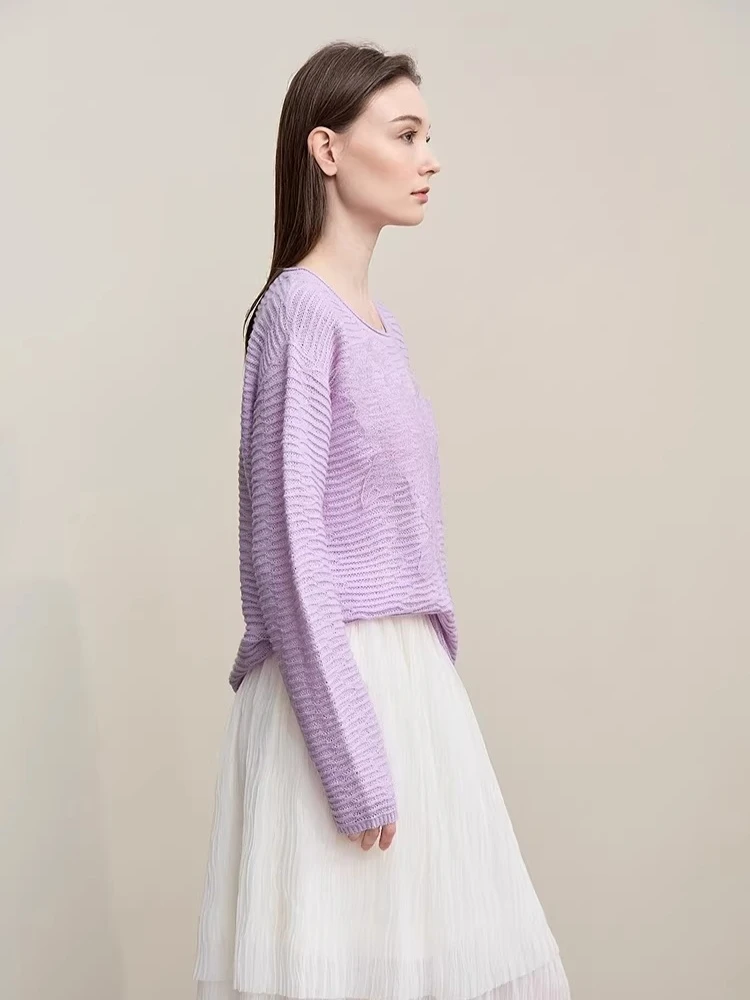 Amii ニットプルオーバー 2026 春新作 クルーネック ドロップショルダー袖 セーター レディース レースパッチワーク 無地トップス 12621093