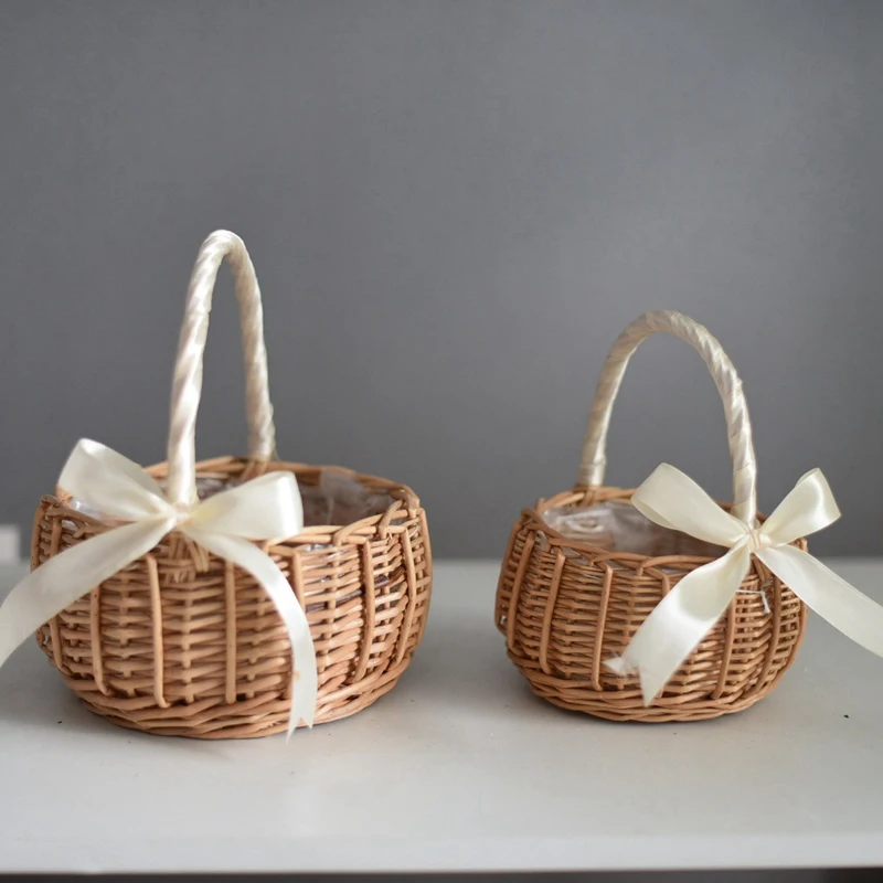 Hot 3X Wicker Woven Flower Basket, With Handle And Pink Ribbon, Wedding Flower Girl Baskets, For Home Garden Decoration(S)