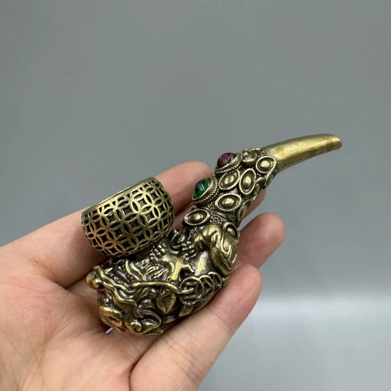 Antique Collectible Copper Fortune Pixiu Ornament, Brass Tobacco Pipe Decorative Craft