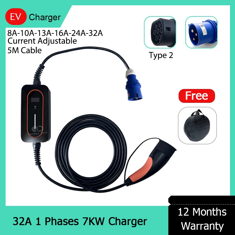 Level 2 EV AC Portable Charger Adjustable Current 13A 16A 32A 110VAC 220VAC Home EVSE For BYD GB/T ID 4 6 Electric Car Charging