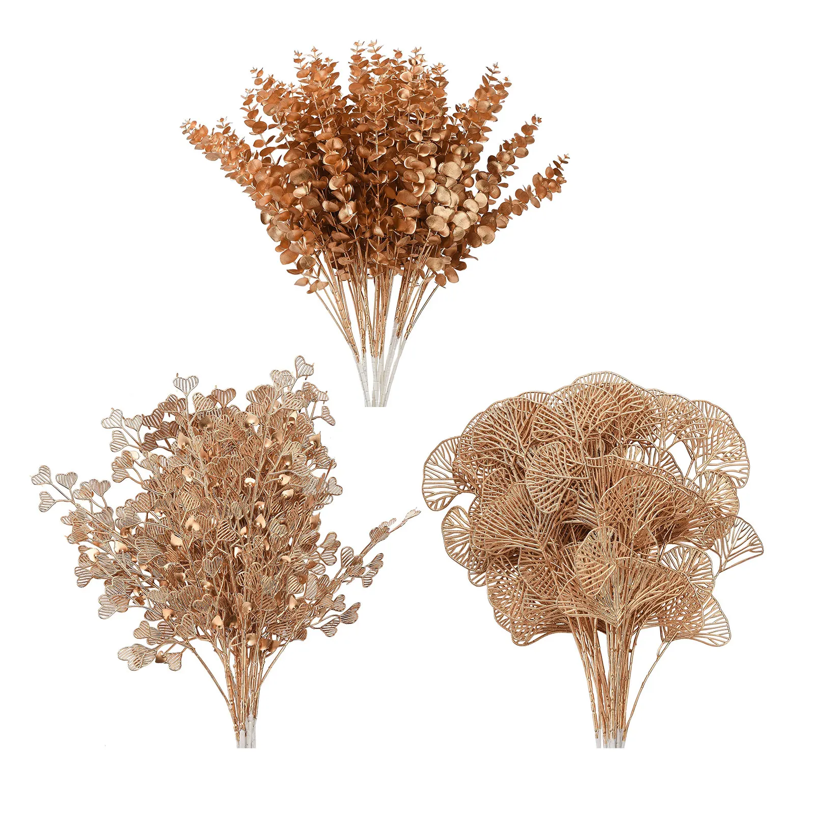 

6pcs Faux Golden Grass Blades Artificial Flowers Golden Ginkgo Eucalyptus Leaf Branches Christmas Party Home Decor Plants