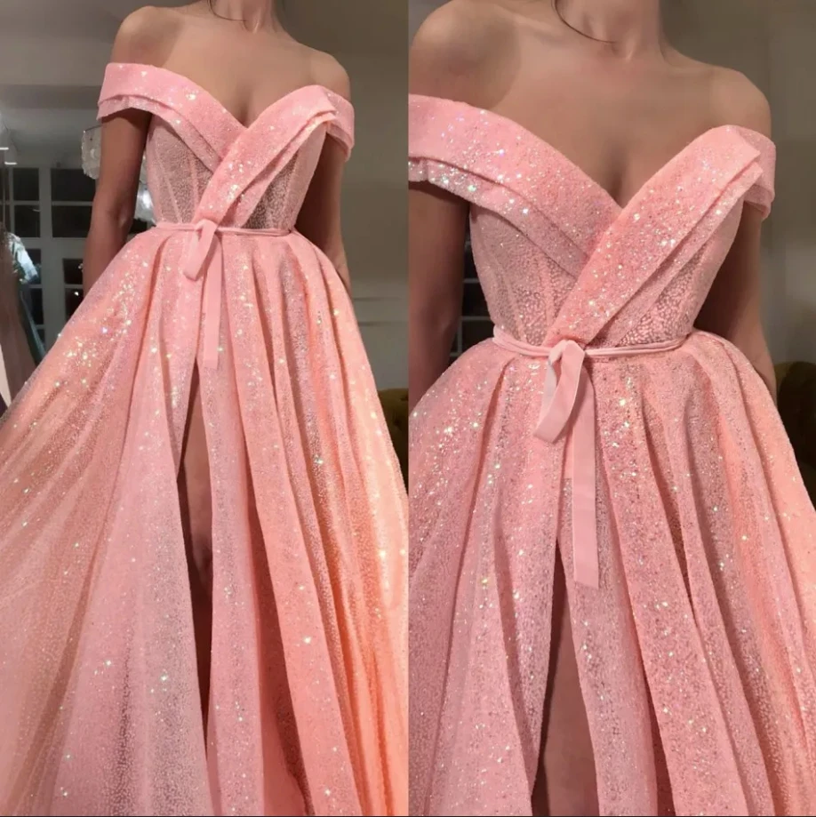 Sunnye Luxury Sparkle Tulle Evening Dress Summer Sweet Pink Sequin Off-Shoulder Prom Dress Sexy Side Split  vestidos de fiesta