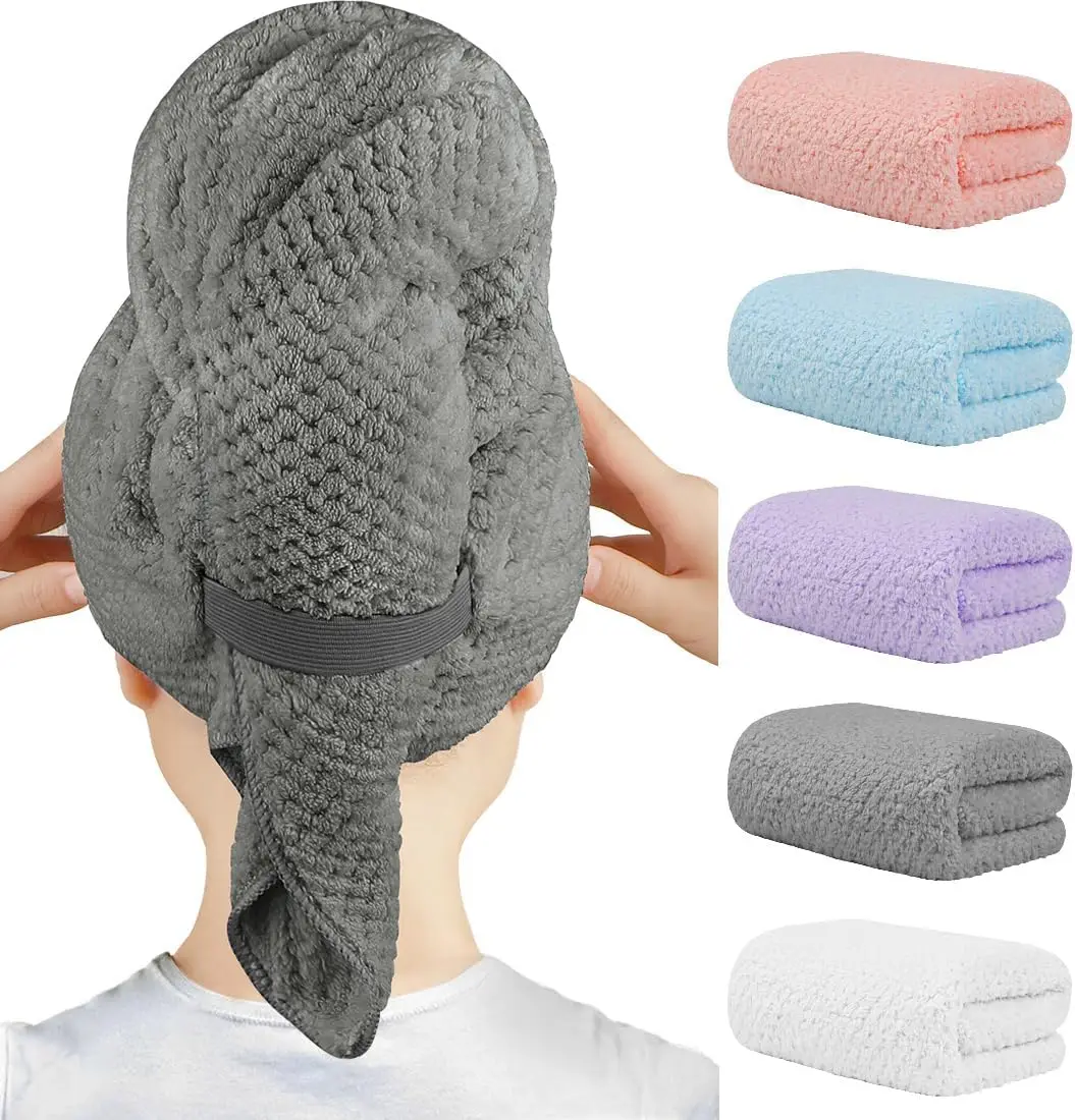 5 Pack Microfiber Hair Towels - Super Soft, Fast Drying Turbans for All Hair Types with Elastic Strap