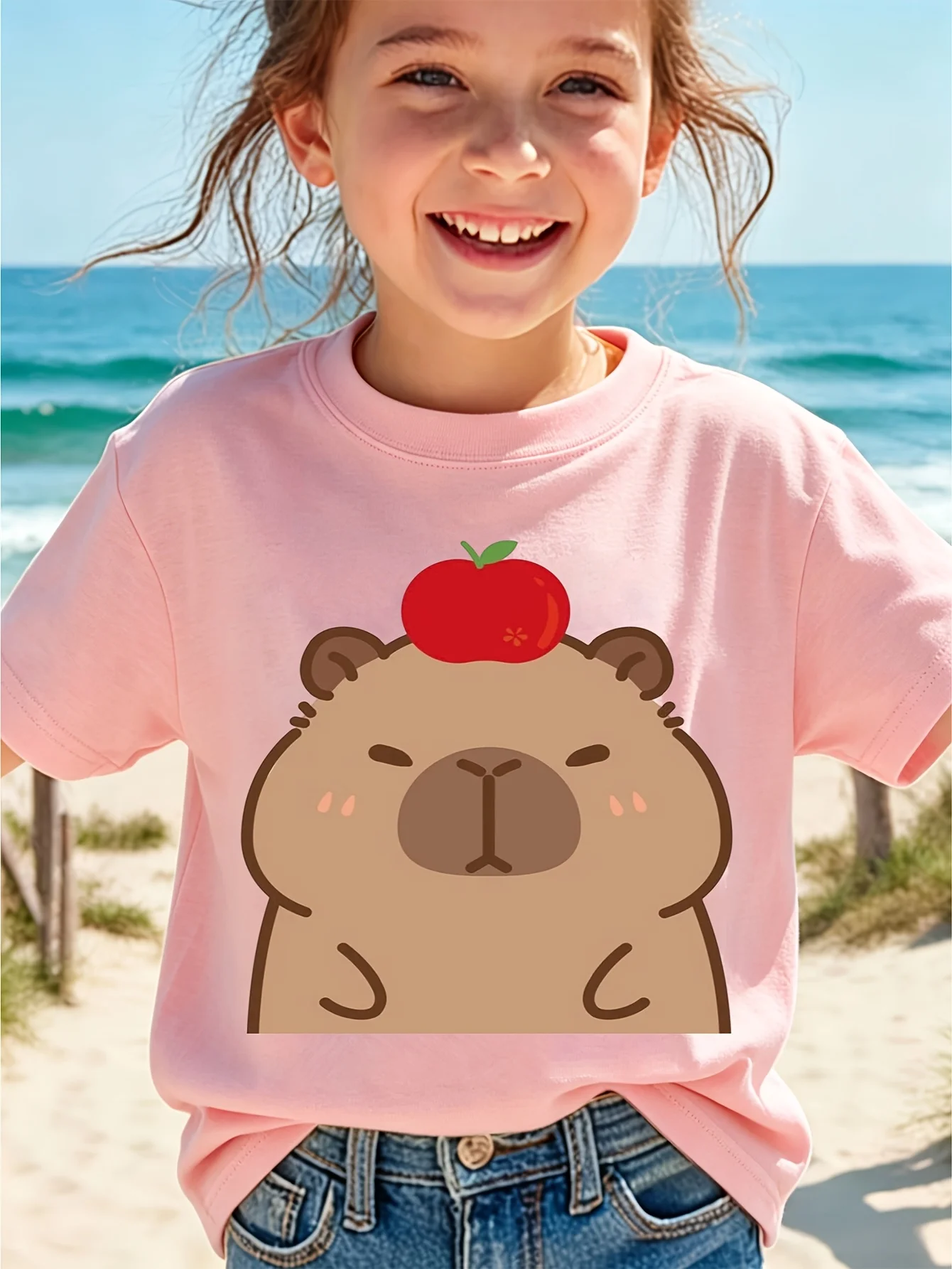 Parent Child Matching Tee Cute Capybara Apple Cartoon Graphic Short Sleeve Cotton T Shirt Girl Boys Kid Lovely Daily Casual Wear