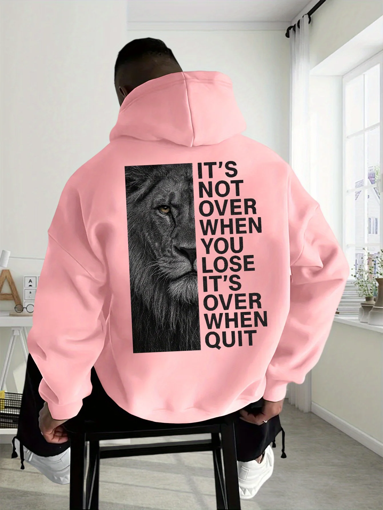 Lion Encouragement Graphic Print Men's Hooded Sweatshirt - Inspirational Fashion American Street Cool and Stylish Hip-Hop Hoodie