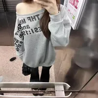 Retro American Shoulder Hoodie Women's Long Sleeve Oversize Loose Printed Trendy Top for Autumn Gray Color Hot Sale Item
