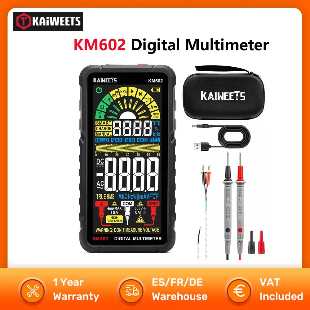 KAIWEETS KM602 multimètre numérique 6000 points True-RMS mètre Mode intelligent/manuel 1200mAh batterie Rechargeable lampe de poche verrouillage automatique