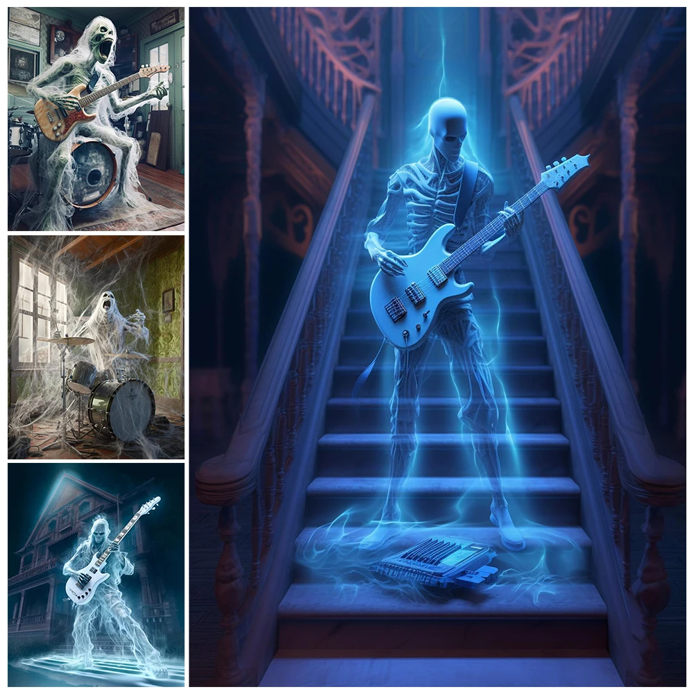 Ghost Guitarist And Undead Drummer Vintage Wall Art Canvas Print Love Music Even To Death Art Poster Print Home Decor Unframed