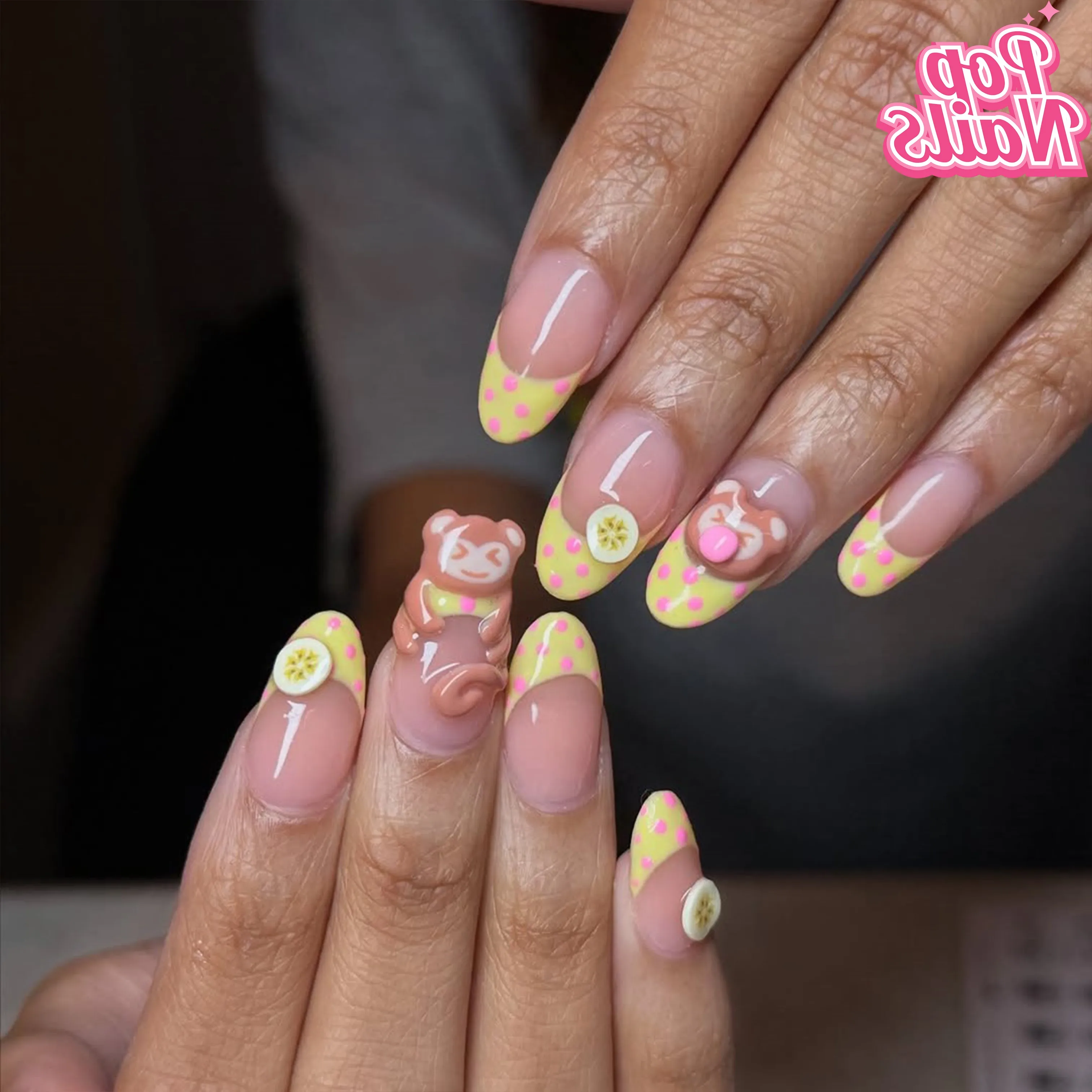 

Желтый горошек 3D Monkey Nail Press ons Миндалевидные ногти Press on Acrylic French Tip 3D Gel Banana Nail Art Y2k Cute Monkey Nails