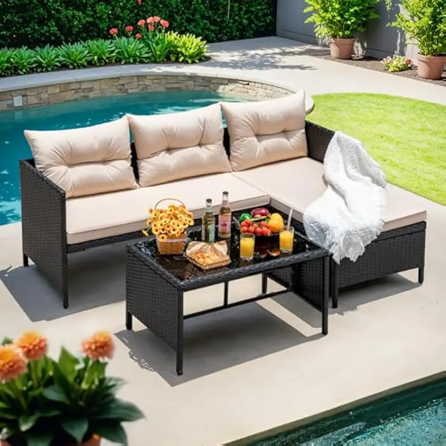 Outdoor Patio Furniture 3-Piece Rattan Water Resistant Patio Conversation Set All Weather Sectional Patio Sofa with Thick