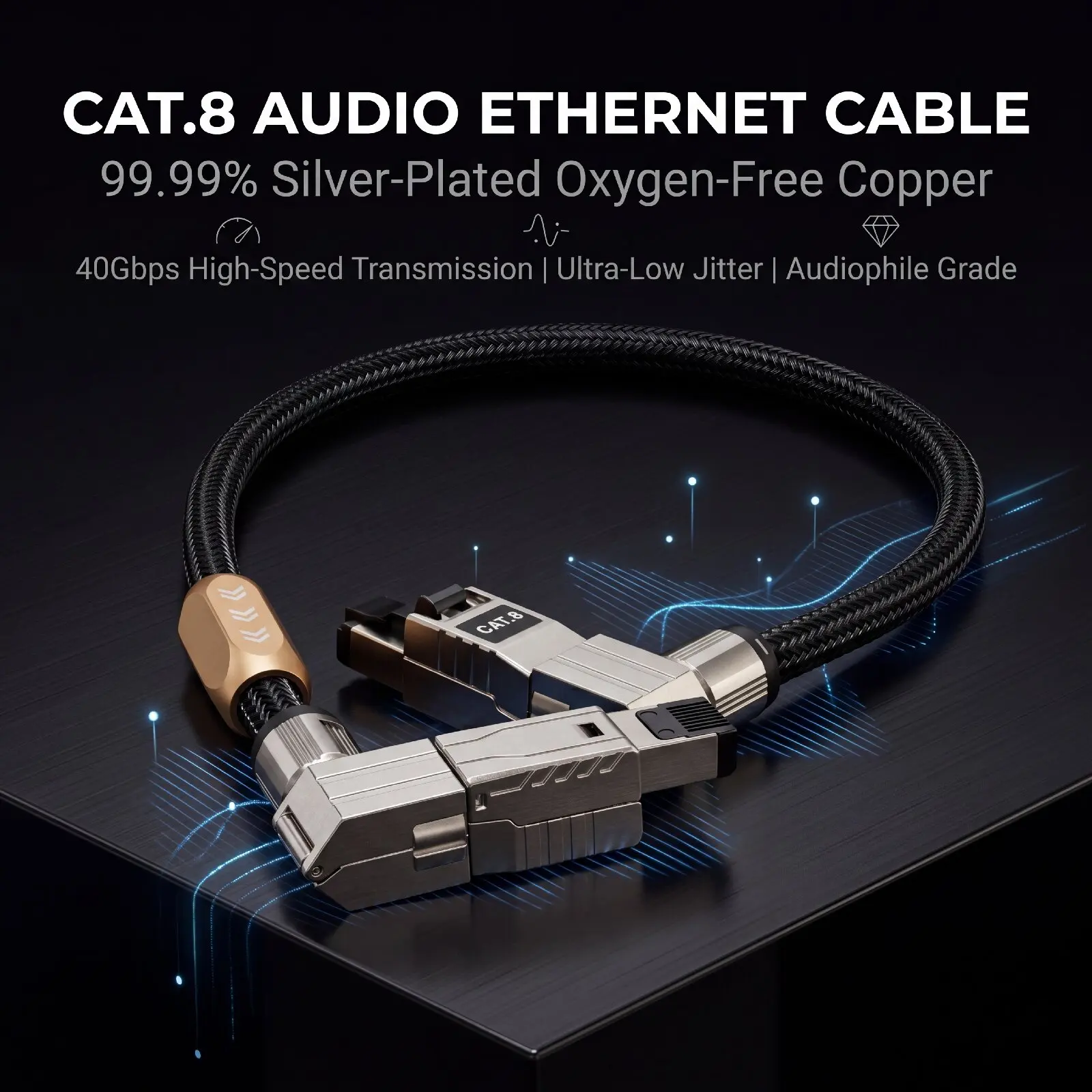CAT.8 40Gbps Hochgeschwindigkeits-Netzwerkkabel RJ45 7mm 8-adrig 99,999% 5N Reines Silber 15AWG Doppelschicht Geflochtenes Folienabschirmkabel – Detail 7