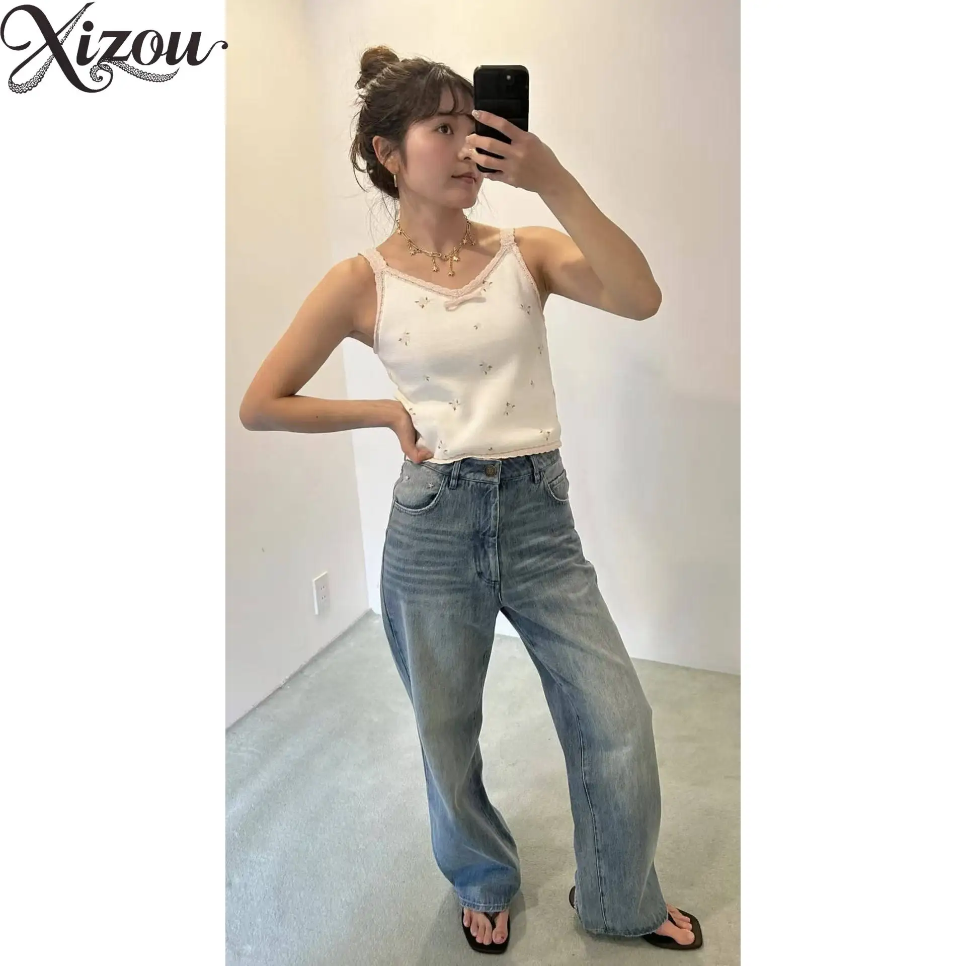 

Japanese Floral Jacquard Knit Camisole Lace Trim Slim Sling Vest Y2K Sweet Summer Casual Tank Top 2026 Ribbon Bow Women Female