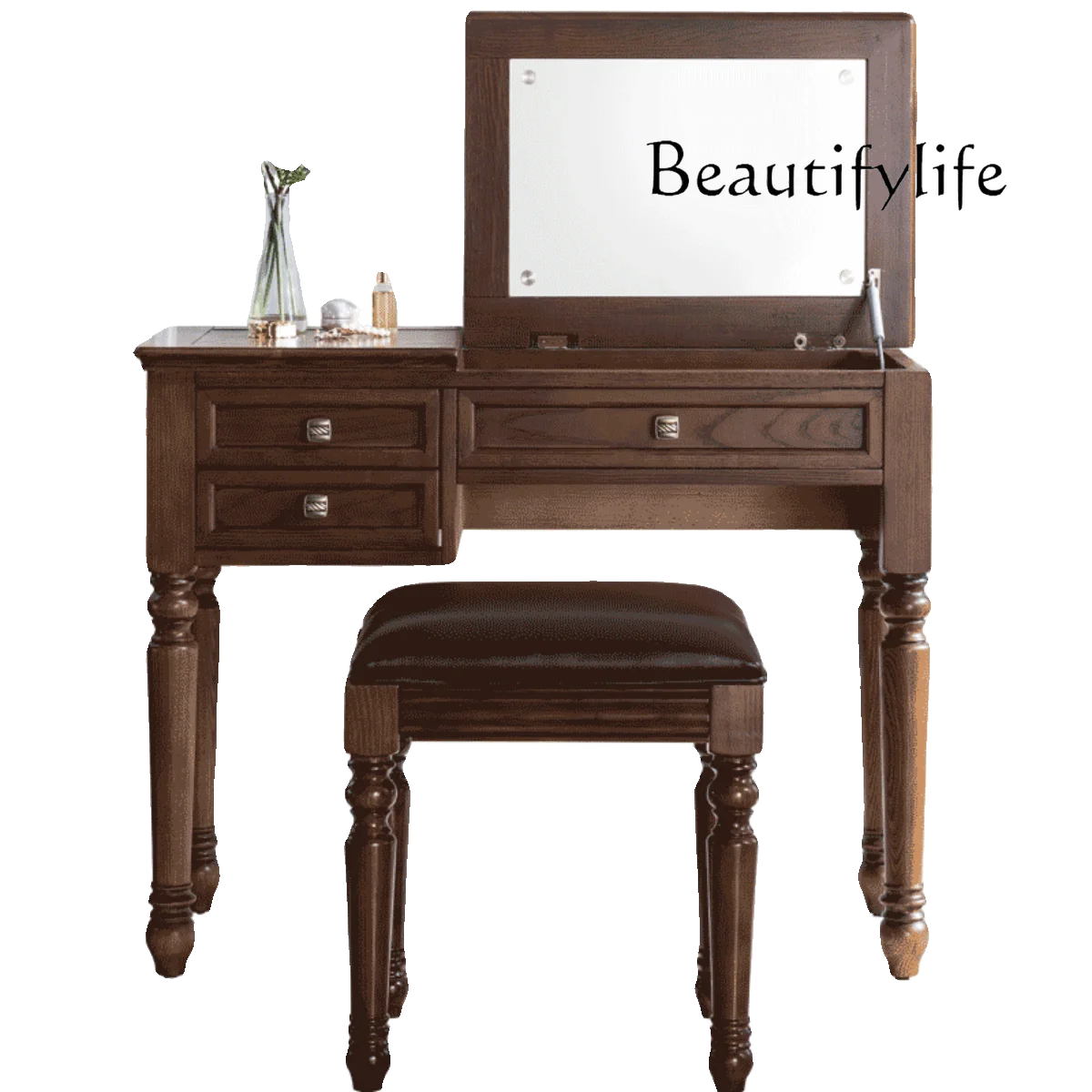

American-Style Solid Wood Dressing Table Bedroom Flip Makeup Table Desk Ash Retro European Style