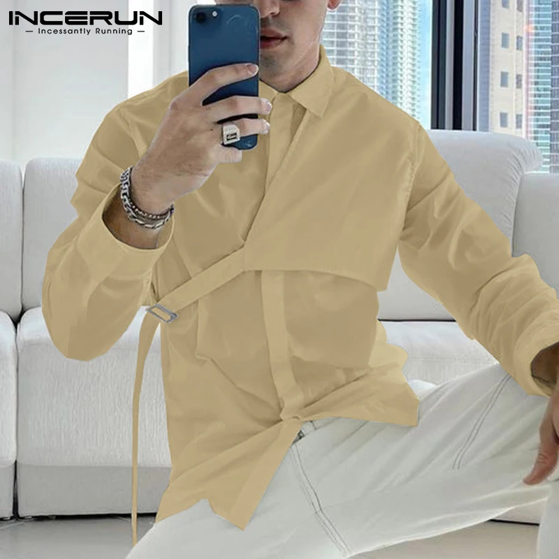 Men\'s Casual Shirt Streetwear Lapel Long Sleeve Solid Color Fashion Irregular Shirts 2024 Korean Leisure Men Clothing INCERUN