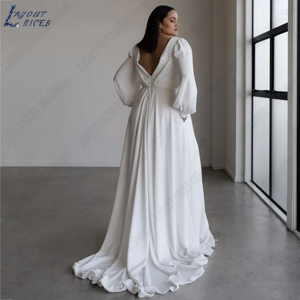 LAYOUT NICEB Plus Size Vestido De Noiva De Cetim Decote Em V A Linha Backless Vestido De Noiva Voltar Beading Longo Puff Mangas robes de mariée 2024LAYOUT NICEB Plus Size Vestido De Noiva De Cetim Decote Em V A Linha B